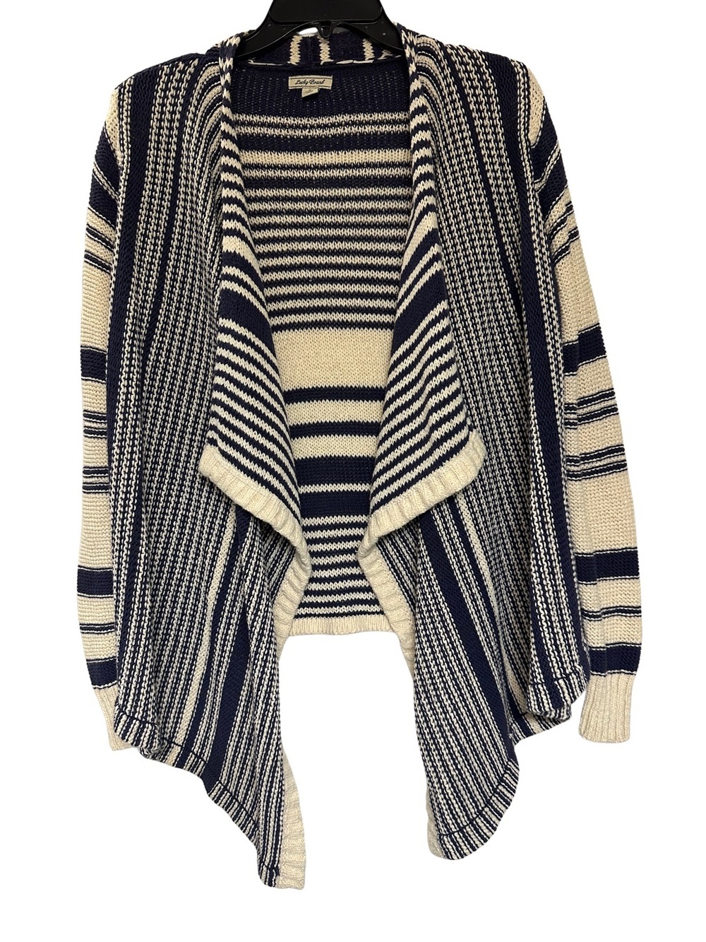 Lucky Brand Waterfall Cardigan Navy Cream Striped Open Front Nautical S